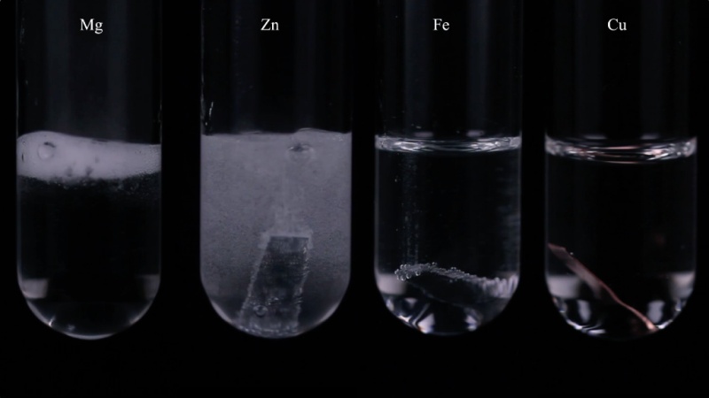 点赞 视频对比展示了四种金属镁,锌,铁,铜分别与稀盐酸,稀硫酸反应的